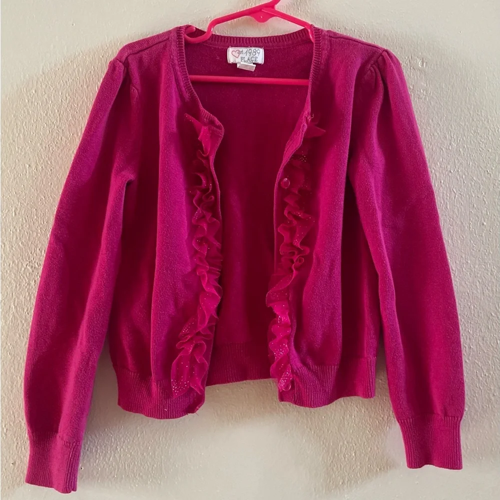 The Children's Place Girls Fuchsia Pink Ruffle Cardigan Sweater Size 7/8 Knit